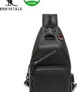 Korting ⌛ San Vitale® - Vegan Leren Slingbag - SBag - Schoudertas - Rugzak - Crossbody Bag - Zwart ????